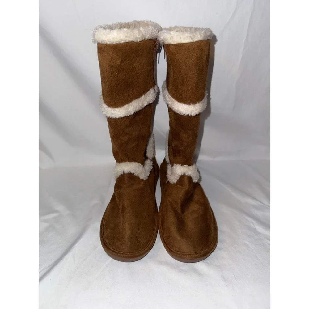 Michael Kors Nevermind Girls Boots 4 Brown Camel Suede Faux Fur Side Zip Boots